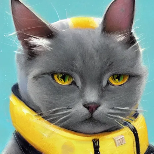 Prompt: head and shoulders masterpiece portrait of a cute adorable gray cat wearing a yellow spacesuit, surreal background, digital art by krenz cushart, trending on artstation, cgsociety,