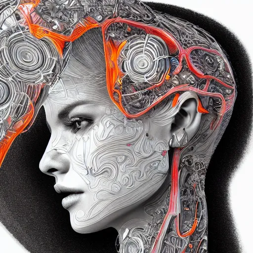 Image similar to the anatomy of a head of polished chrome that resemble a beautiful woman, an ultrafine detailed illustration by james jean, intricate linework, bright colors, final fantasy, behance contest winner, vanitas, angular, altermodern, unreal engine 5 highly rendered, global illumination, radiant light, detailed and intricate environment