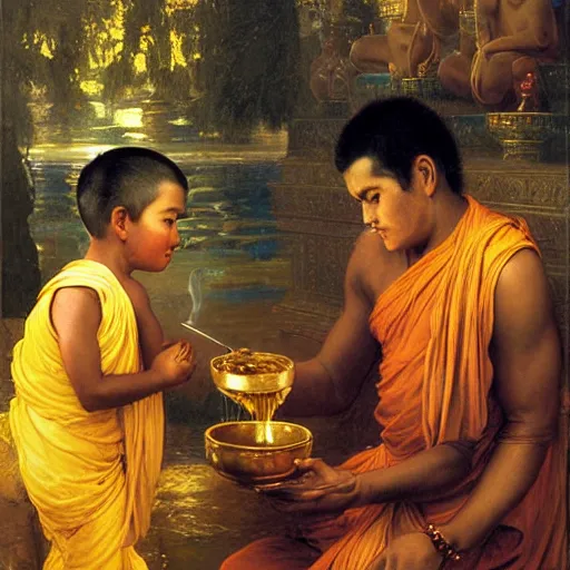 Image similar to old srilankan buddhist monk pouring liquid gold like water into buddhist monk kid head in baroque style, painting by gaston bussiere, craig mullins, j. c. leyendecker, lights, art by ernst haeckel, john william godward, hammershøi,