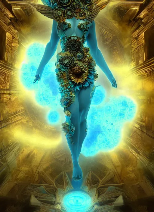 Image similar to flowers within the whole infinite capsule goddess apparent with awe the apparition, an idea seep's into infinity and gives me wings, highly detailed in volumetric latent space, golden turquoise steampunk, high contrast cinematic light, mystical shadows, sharp focus, divine realm of gods, octane render, artist by boris vallejo,