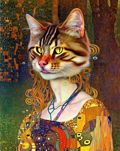 Image similar to forest cat portrait an oil painting splashes with many colors and shapes by gustav klimt greg rutkowski and alphonse mucha, polycount, generative art, psychedelic, fractalism, glitch art