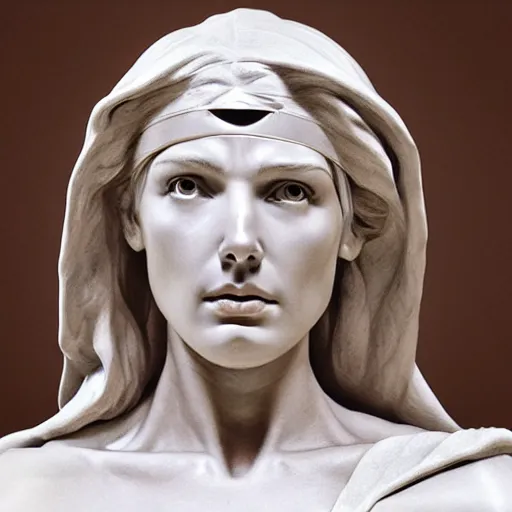 Image similar to bust sculpture of Gal Gadot as pieta, by Michelangelo, photorealism