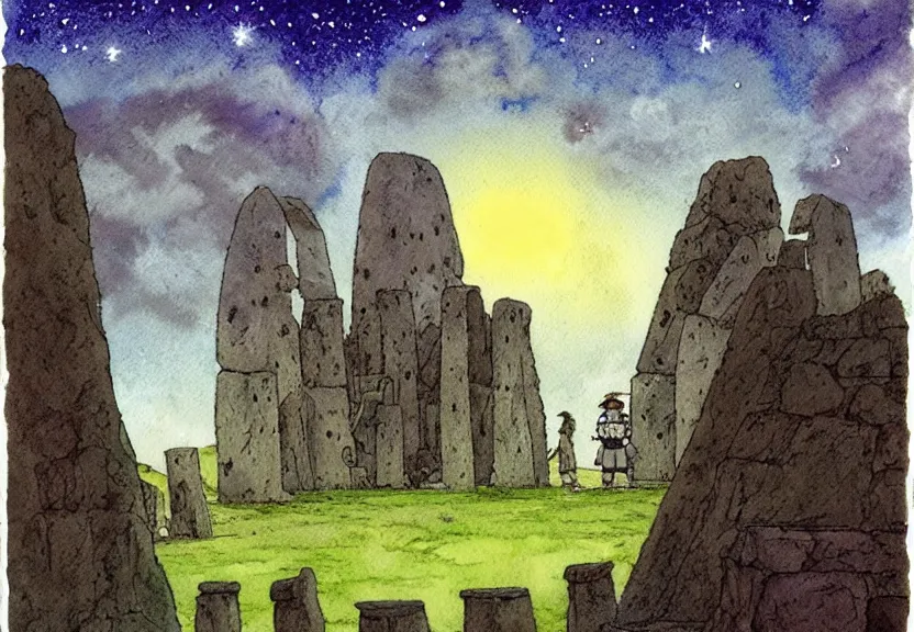 Image similar to a simple watercolor studio ghibli movie still fantasy concept art of a giant wizard standing in a tiny stonehenge in machu pichu. it is a misty starry night. by rebecca guay, michael kaluta, charles vess