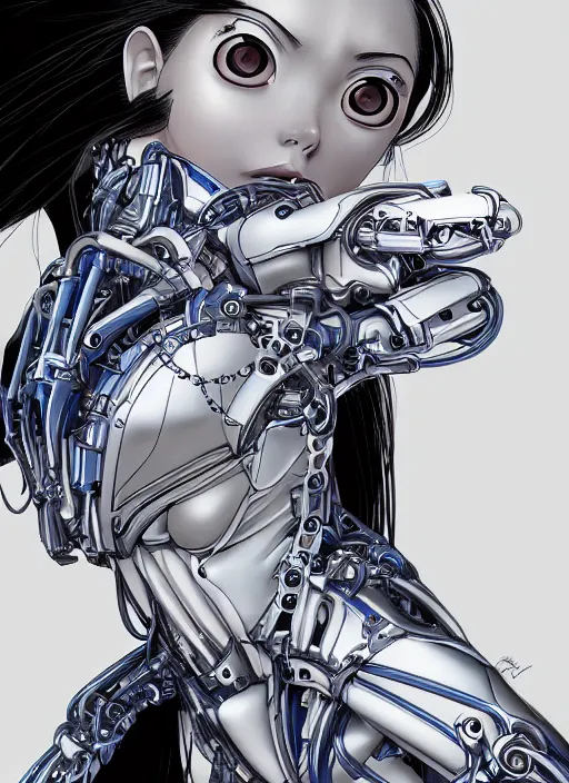 Image similar to portrait of Alita by Yukito Kishiro, biomechanical, hyper detailled, trending on artstation