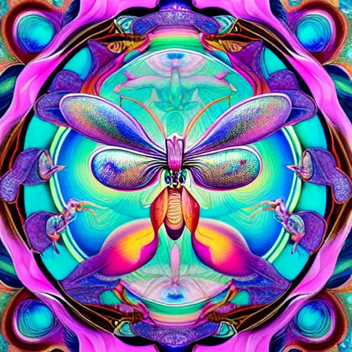 Image similar to majestic colorful orchid mantis mandala enamel by james jean and yoshitaka amano, cloisonne, iridescent, black opals, beautiful hyperdetailed art nouveau orchids, ultrasharp photorealistic octane render