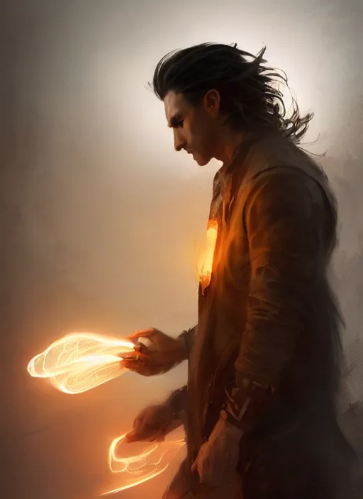 Prompt: side profile of a man with long black hair in brown rags holding a glowing device, fantasy, digital painting, volumetric light, intricate, sharp, focus, bloom, illustration, highly detailed, concept art, matte, ruan jia, randy vargas, greg rutkowski