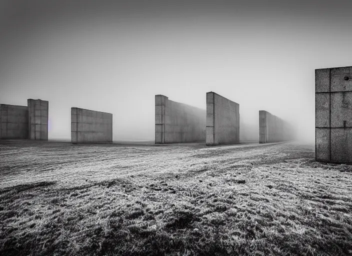 Prompt: high resolution black and white photography with a 3 5 mm f / 2 2 lens of brutalist architectural buildings in romania in the middle of nowhere in the 8 0's, there is fog and snow. fine art photography and very detailed and sad.