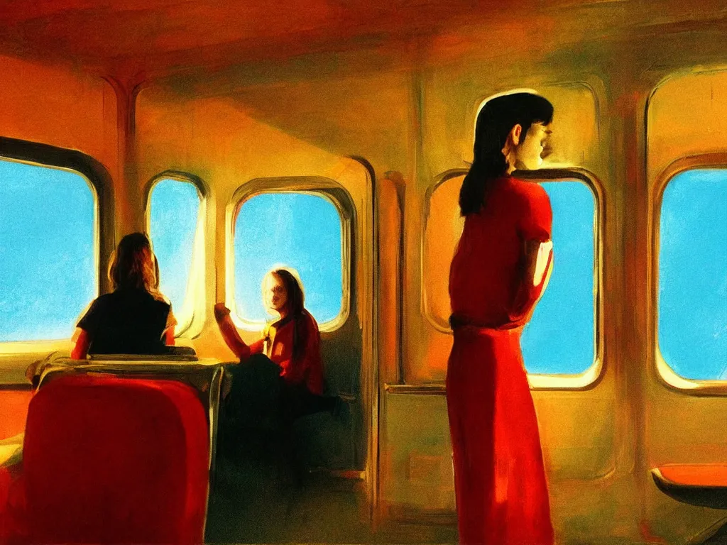 Prompt: lone girl waiting inside a 70s train in a half remembered dream, stanley kubrick the shinning, vibrant colors americana, cinematic, volumetric lighting, god rays, sunset, realistic, detailed, painting in the style of Edward Hopper