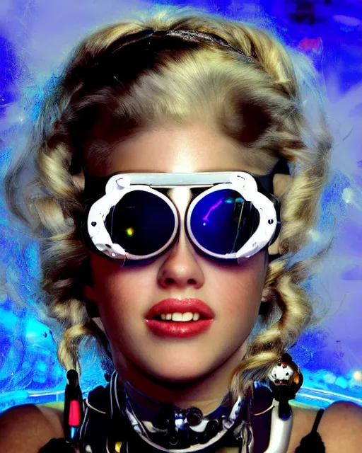 Prompt: centered portrait photo of soulful young anna nicole smith as a solarpunk mecha humanoid robotic parts wearing goggles with bright lights, real human face, pudica pose, inside white room, ultra - realistic and detailed, 8 k