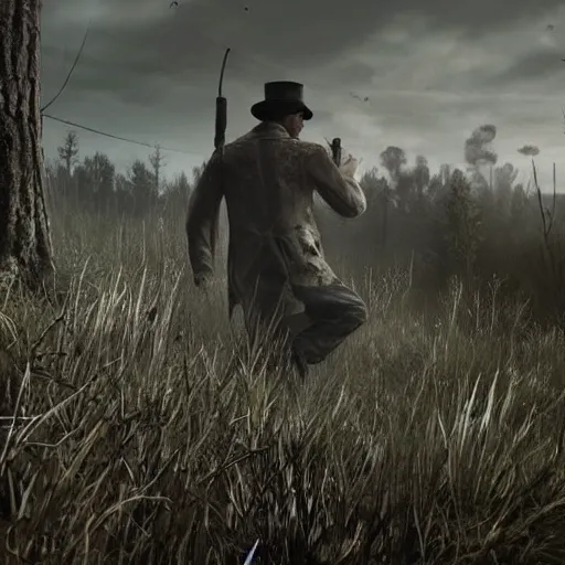 Image similar to vladimir putin running from zombies in hunt showdown