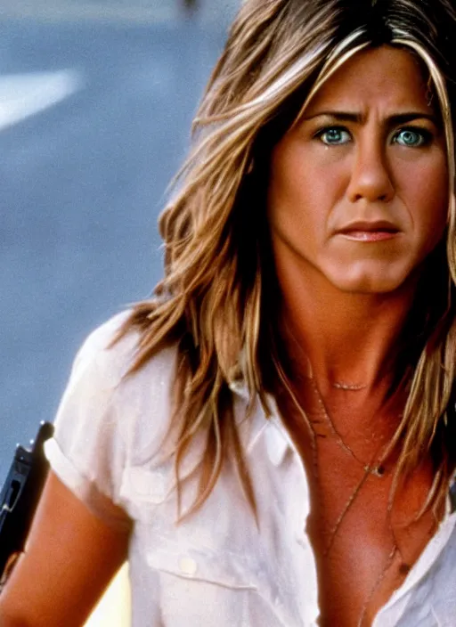 Prompt: film still of Jennifer Aniston as Martin Riggs in Lethal Weapon, 4k