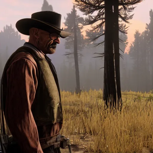 Image similar to Walter White as a character in Red Dead Redemption 2, forest during sunset, realistic screenshot