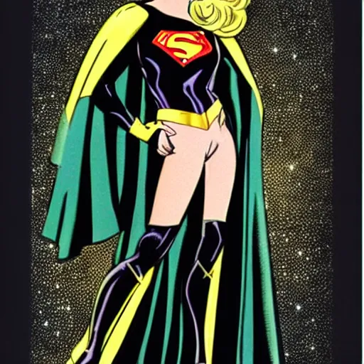 Prompt: 1 9 8 0's superheroine in black with golden trim, a long cape, platinum blood hair in a heroic pose in the style of dave gibbons