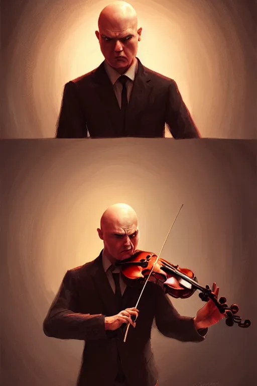 Image similar to an expressive portrait of agent 4 7 playing the violin in a monastery, dark background, red rim light, digital art, artstation, concept art by giger stalenhag