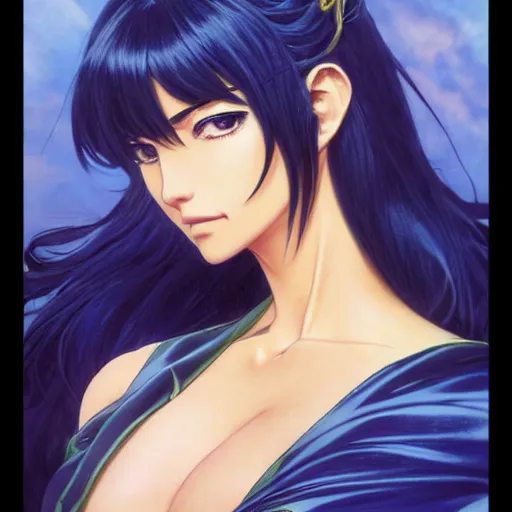 Image similar to highly detailed vfx portrait of nico robin by eiichiro oda!, tom bagsha, makoto shinkai, alphonse mucha, sharp focus, art by artgerm and greg rutkowski!, harsh overhead sunlight, blue eyes!!, large aquiline nose!!, stanley kybric, kaoru mori, intricately detailed, best of behance,