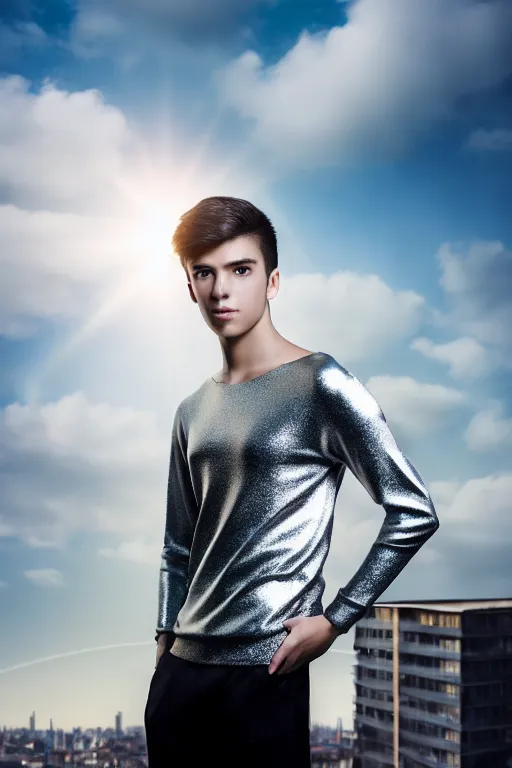 Image similar to un ultra high definition studio quality photographic art portrait of a young man standing on the rooftop of a british apartment building wearing soft padded silver pearlescent clothing. three point light. extremely detailed. golden ratio, ray tracing, volumetric light, shallow depth of field. set dressed.