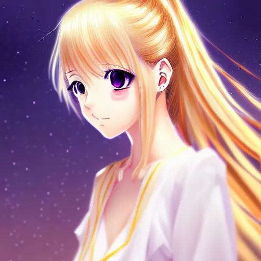 Image similar to portrait of an anime princess in white and golden clothes , digital painting , artstation , gorgeous , cute , beautiful , elegant , devian art , 4k , HD