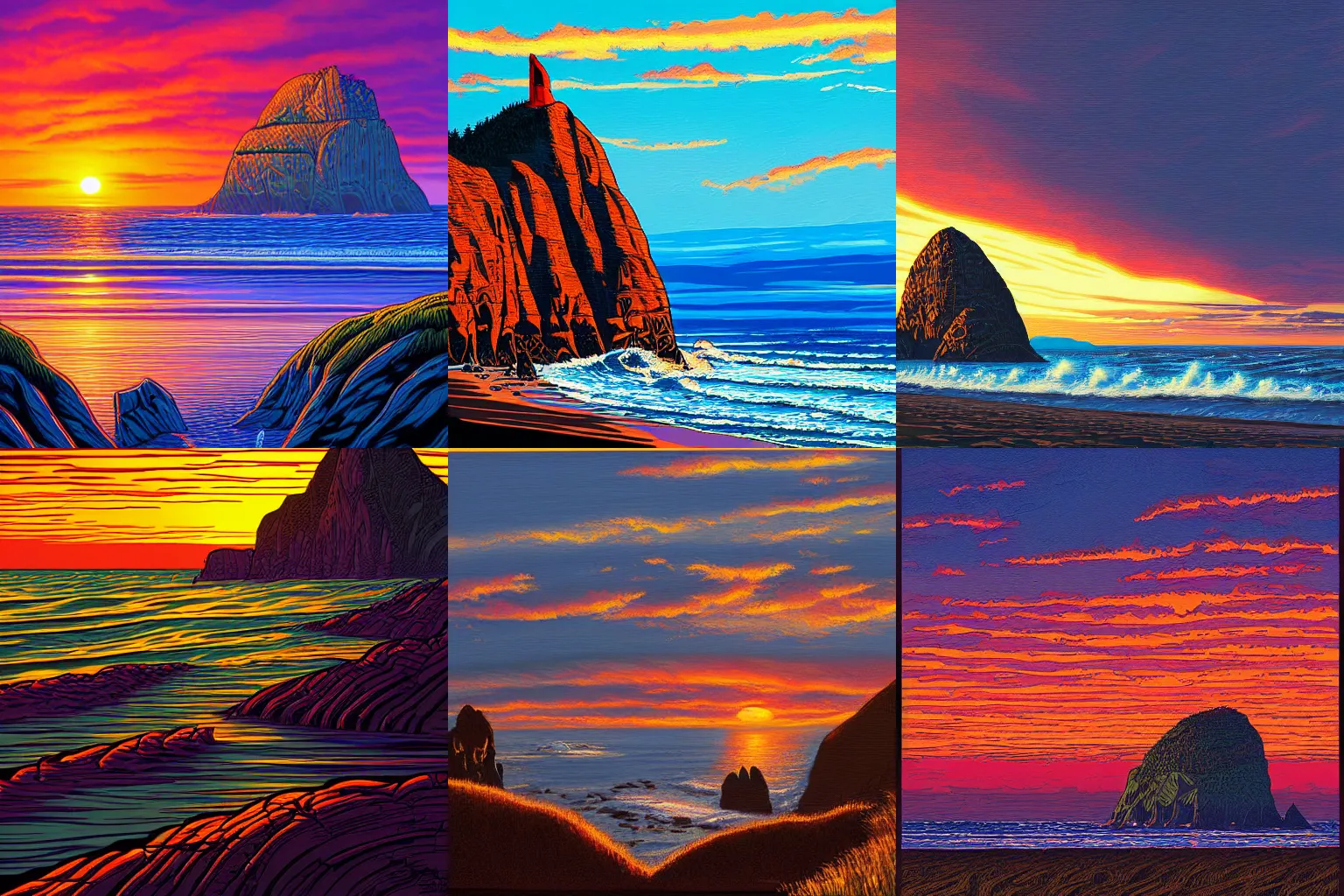Prompt: painting of a sunset at haystack rock oregon, by dan mumford