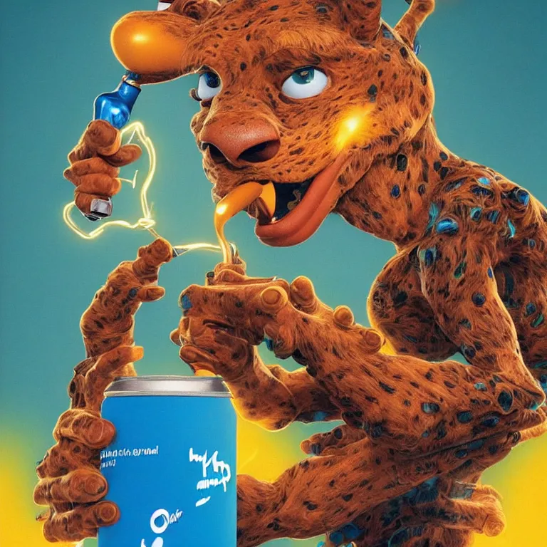 Prompt: 1 9 9 0's wild advertisement octane render portrait by wayne barlow and carlo crivelli and glenn fabry and pixar, a crazed humanoid cartoon leapord smoking a cigarette while holding up a colorful neon blue energy drink while standing on a playground, cinema 4 d, ray traced lighting, very short depth of field, bokeh