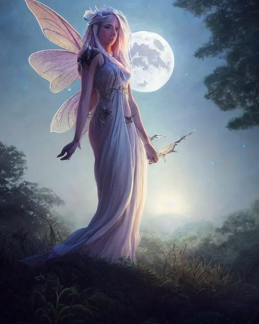 Image similar to attractive fairy goddness fly high in the night, d & d, fantasy, mist, full moon in background, trees, hyper detailed, art by artgerm and greg rutkowski and magali villeneuve, midium shot, 8 k realistic, cryengine, digital painting, trending on artstation, concept art, sharp focus, illustration,