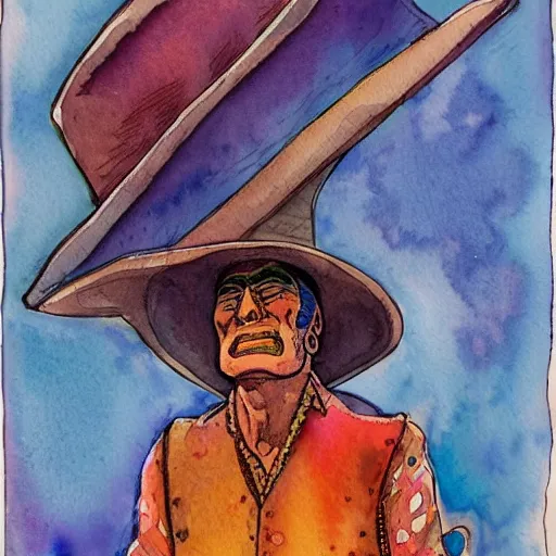 Image similar to a 3 / 4 view watercolor ink painting of an man sits and upper him old mexican magician closes his eyes, in the style of jean giraud in the style of moebius trending on artstation deviantart pinterest detailed realistic hd 8 k high resolution