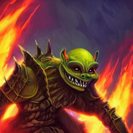 Prompt: “a highly detailed goblin with dark skin and yellow eyes that glow, Like magic the gathering, goblin chainwalker, with a volcano in the background, digital art, by Christopher rush” n-9