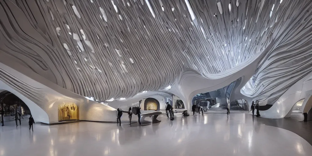 Image similar to extremely detailed ornate stunning sophisticated beautiful elegant futuristic museum lobby interior by Zaha Hadid, stunning volumetric light, sunset