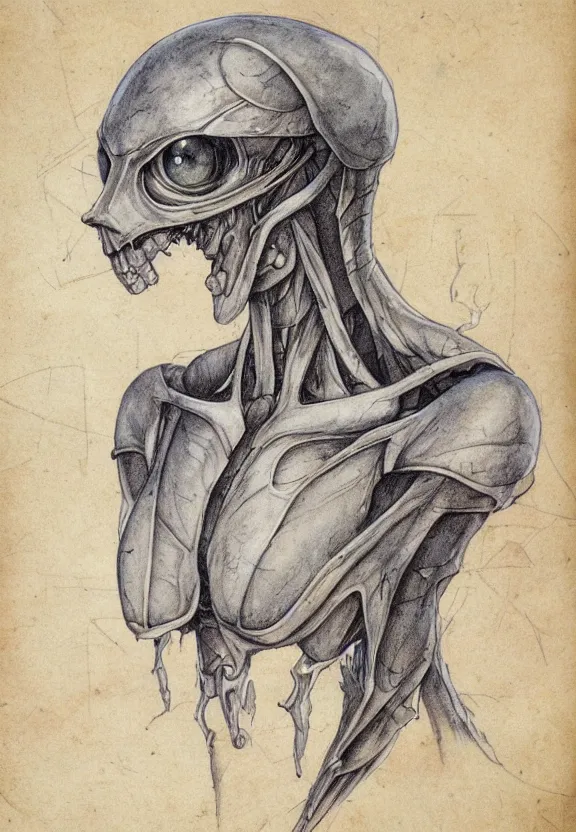 Prompt: fantasy, symmetrical human face, female humanoid creature, vascularity, plant armour, muscular, large anime eyes, realistic, torso and head, bust, diagram, sketchbook, greys anatomy book, sketches, on old distressed parchment paper, watercolour, by brian froud
