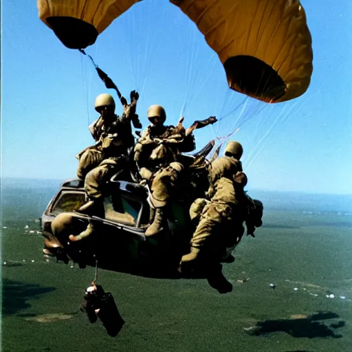 Image similar to photo of elephant paratroopers parachuting behind enemy lines