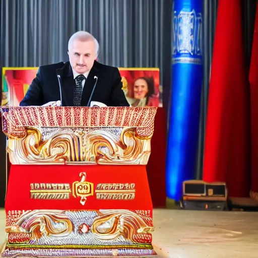 Prompt: Lukashenko as a stand-up comedian, DSLR, Photo, Ultra detailed