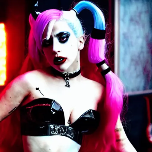 Prompt: Lady Gaga as real-life Harley Quinn, cinematic, Wide-shot, atmospheric lighting, directed by Martin Scorsese, extreme detail, 8K, movie still