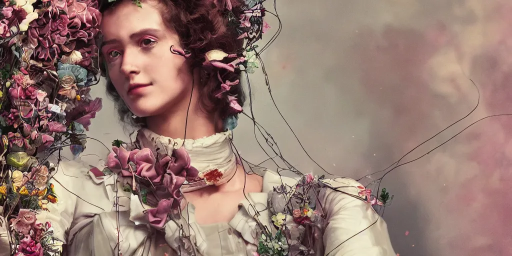 Prompt: cyberpunk girl, vintage style, wrapped in flowers and wired, by barry lyndon, ultra detailed, high resolution, cinematic