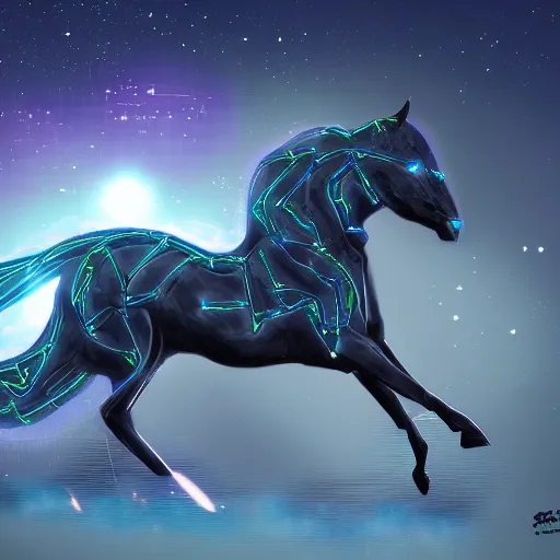 Prompt: cybernetic neo - equine mind transfer : horse - like creatures running impossibly fast through the night, reveling in their machine - aided grace and supremacy over any natural creature, furaffinity