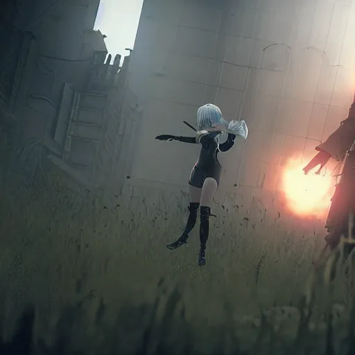 Image similar to a very high resolution image from nier : automata, featuring 9 s android fighting russian invaders in ukraine