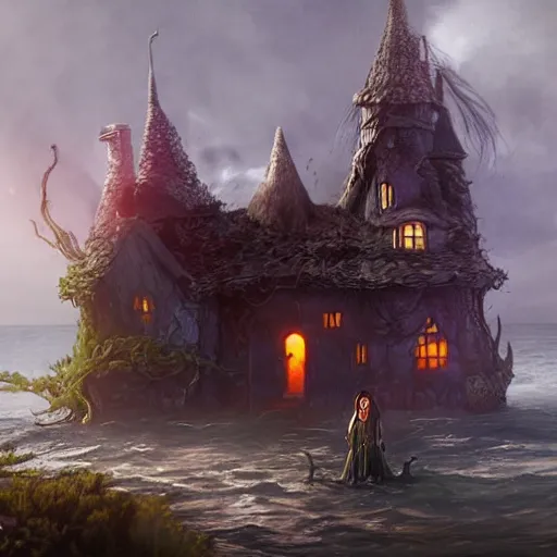 Prompt: a scary witch in front of a witch house which is made out of candy, floating on the ocean, epic scene, fantasy, cinematic, hyper - detailed, in the style of greg rutkowski