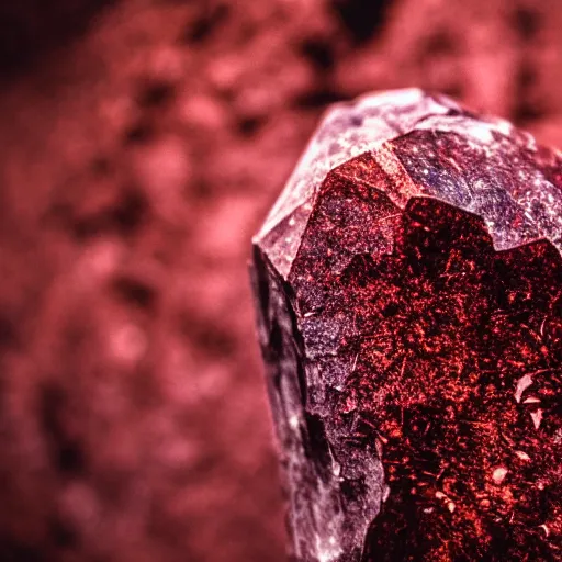 Image similar to a deep red, glowing, stick - shaped crystal on a rock, film grain