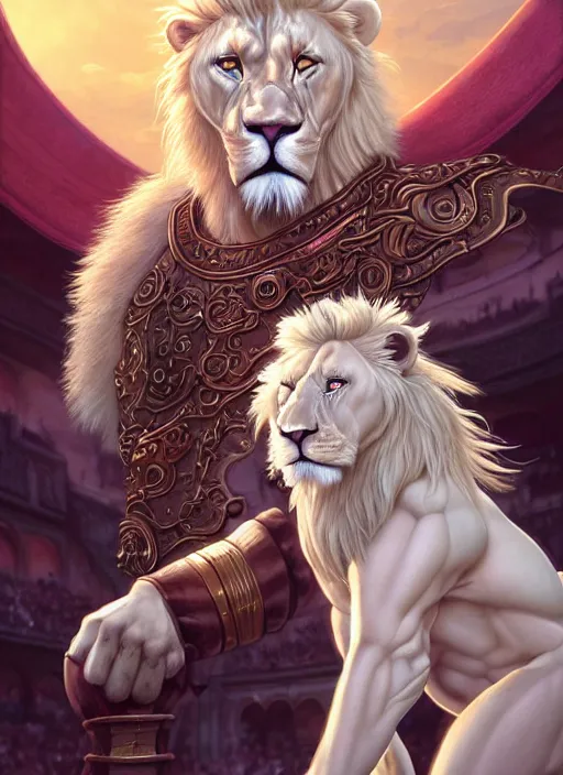 Image similar to aesthetic portrait commission of a of a male fully furry muscular anthro albino lion with a tail and a beautiful attractive hyperdetailed face, wearing ancient roman attractive gladiator outfit in a sci-fi dystopian roman coliseum at golden hour with crowds of people watching in the stadiums behind him. Character design by charlie bowater, ross tran, artgerm, and makoto shinkai, detailed, inked, western comic book art, 2021 award winning film poster painting