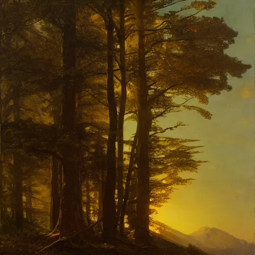 Prompt: Trees, oil on canvas, by Frederic Edwin Church, by Carl Gustav Carus, trending on ArtStation, conceptart, masterpiece, detailed, 8K