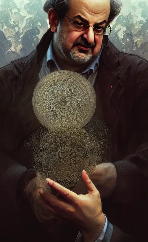 Image similar to portrait of salman rushdie, deep focus, d & d, fantasy, intricate, elegant, highly detailed, digital painting, artstation, concept art, matte, sharp focus, illustration, art by artgerm and greg rutkowski and alphonse mucha