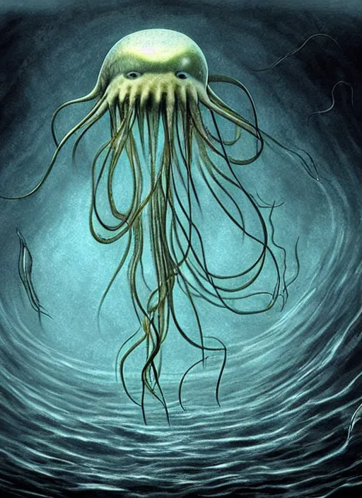 Image similar to bigfin squid, eldritch horror, monster, ominous underwater environment, dark souls, terrifying, epic surrealism