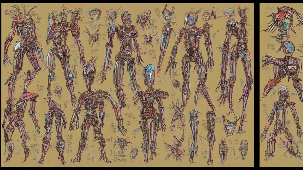 Image similar to aged paper, concept art, colorful character sheet for a male extraterrestrial cyborg multiple - eyes insect - headed warlord, retrofuture, fantastic planet, moebius, valerian, coherent, illustration, digital art, trending on artstation, hd, 8 k, good lighting, beautiful, rough paper, masterpiece