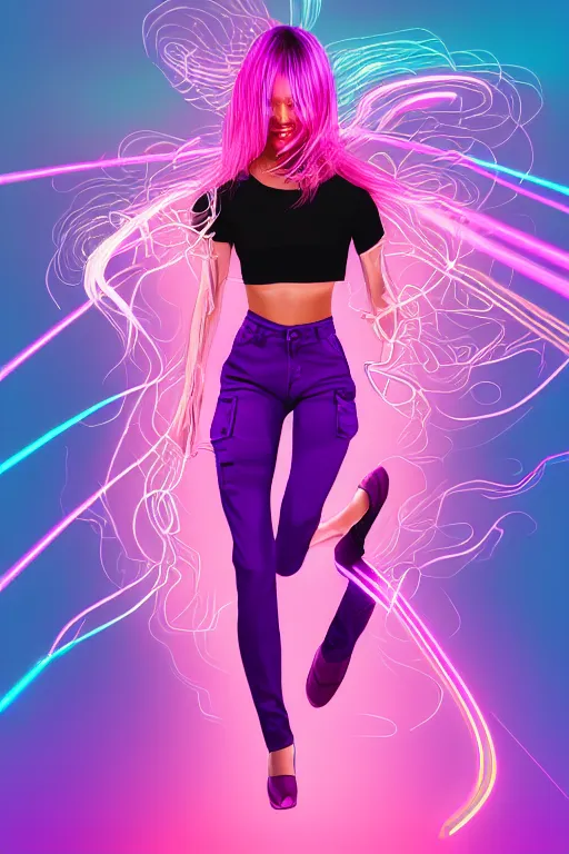 Image similar to a award winning half body portrait of a beautiful woman in a croptop and cargo pants with ombre purple pink teal hairstyle with head in motion and hair flying, surrounded by whirling illuminated lines, outrun, vaporware, shaded flat illustration, digital art, trending on artstation, highly detailed, fine detail, intricate