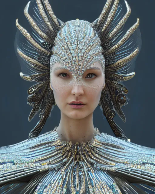 Image similar to a highly detailed metahuman 4 k close up render of an alien goddess bella hadid monument seraphim in iris van herpen dress schiaparelli in diamonds crystals swarovski and jewelry iridescent in style of alphonse mucha gustav klimt trending on artstation made in unreal engine 4