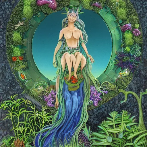 Prompt: earth goddess surveys her domain, copious lifeforms surround, plants erupting from the ground, high detail