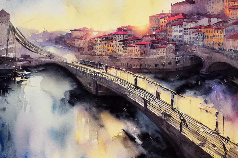 Image similar to small centered on watercolor paper, paint brush strokes, abstract watercolor painting of porto, tall bridge, cinematic light, national romanticism by hans dahl, by jesper ejsing, by anders zorn, by greg rutkowski, by greg manchess, by tyler edlin