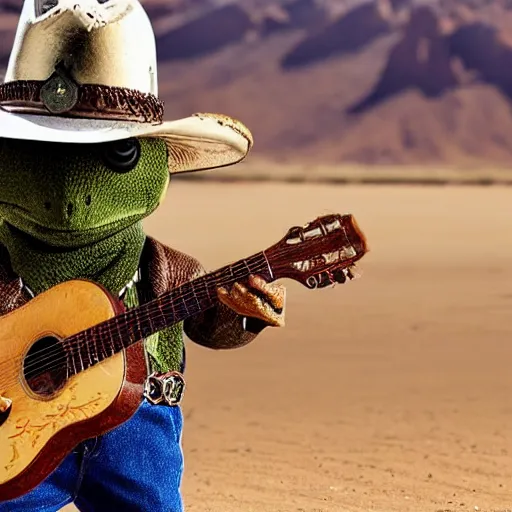 Prompt: an frog wearing cowboy outfit and holding an mini guitar in a desert