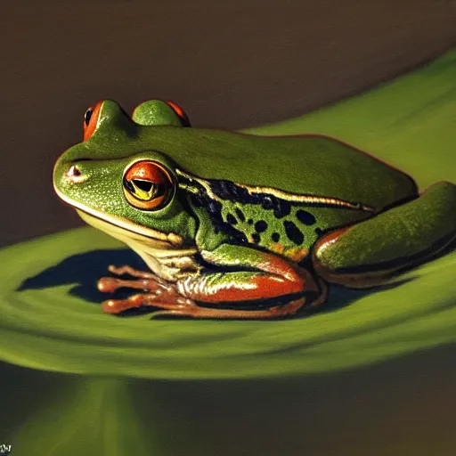 Image similar to frog looking down at his next victems, vivid colors, soft lighting, atmospheric, cinematic, moody, oil on canvas, 8 k