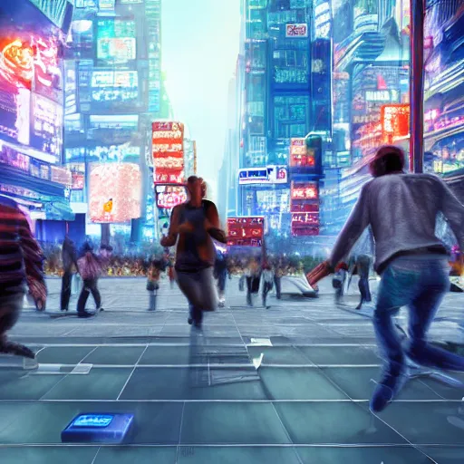 Image similar to landscape view of people running from a giant bitcoin in the city, cyberpunk art, photorealism, light behind