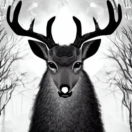 Image similar to scary deer in nightmare forest, digital art 4 k