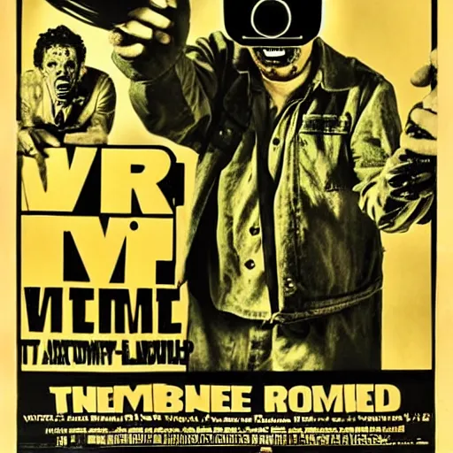 Image similar to old film poster zombie wearing vr, text reads zombie,!!!!!!!!! zombie!!!!!!!!!